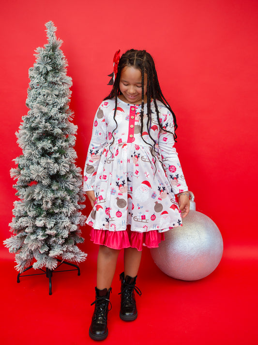 Girls Bouqtique Christmas Dress with Santa and Snowman and Friends