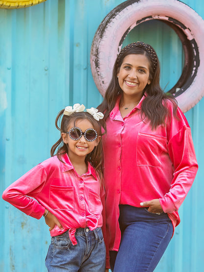 Pink velvet tops on mom and me models