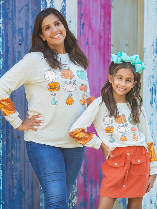 patterned pumpkins sequin sleeve tops on mommy & me models