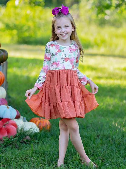 autumn floral with swiss dot dress on a model