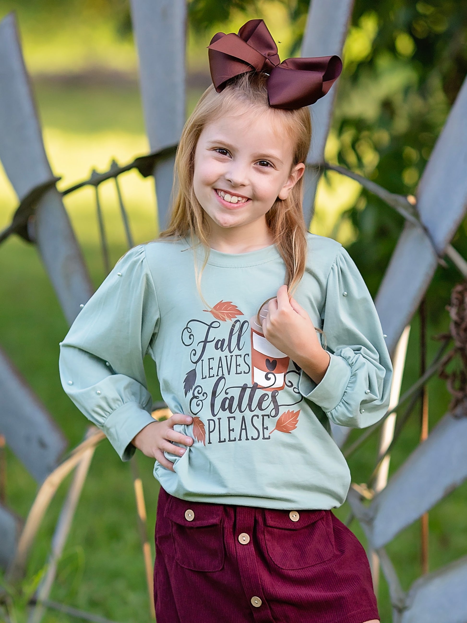 Fall Leaves & Lattes Please Beaded Shirt on a model