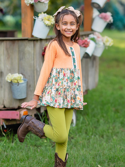 Orange & Green Vintage Floral Pants Set on a model