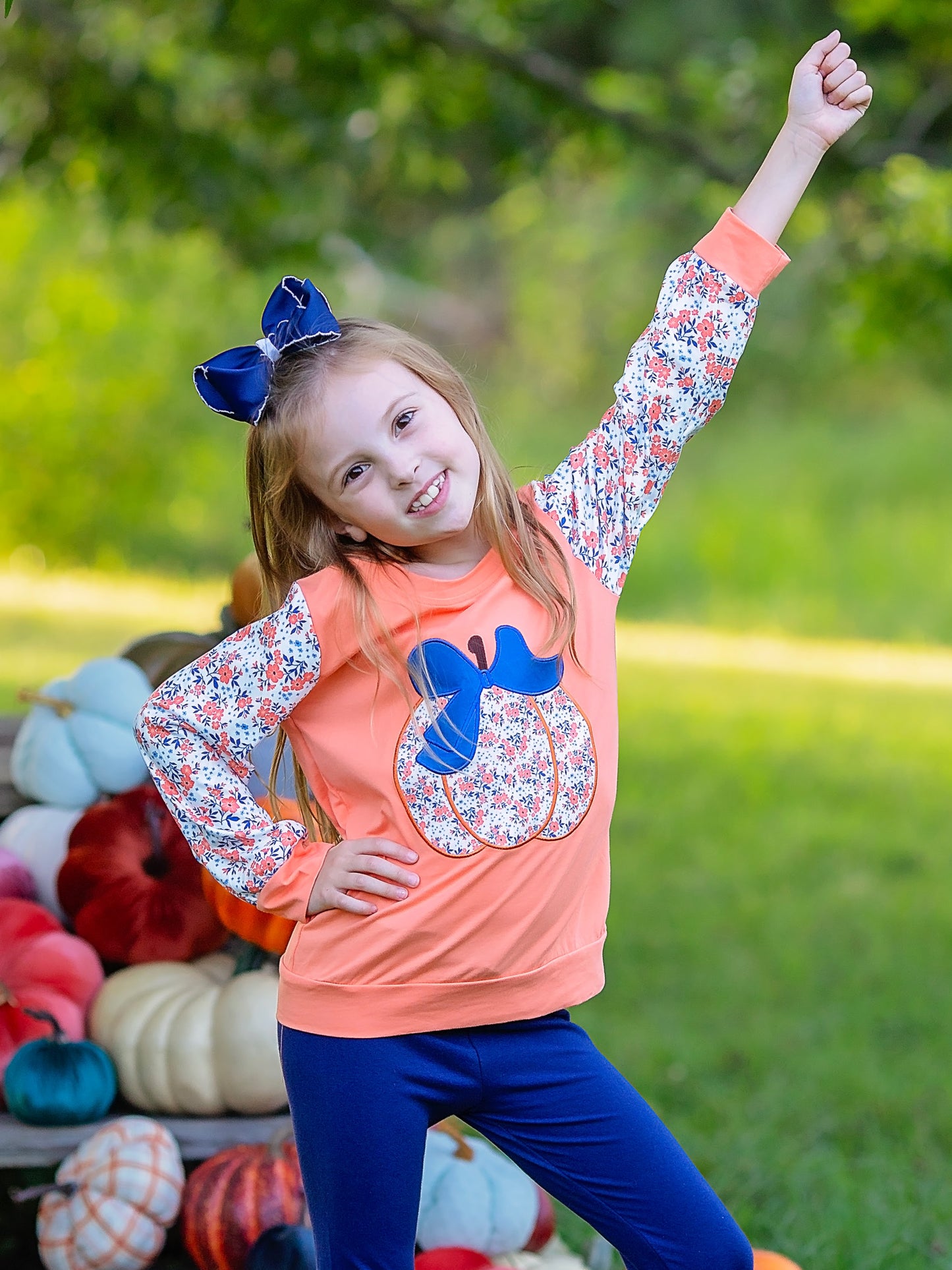 orange vintage floral pumpkin shirt on a model