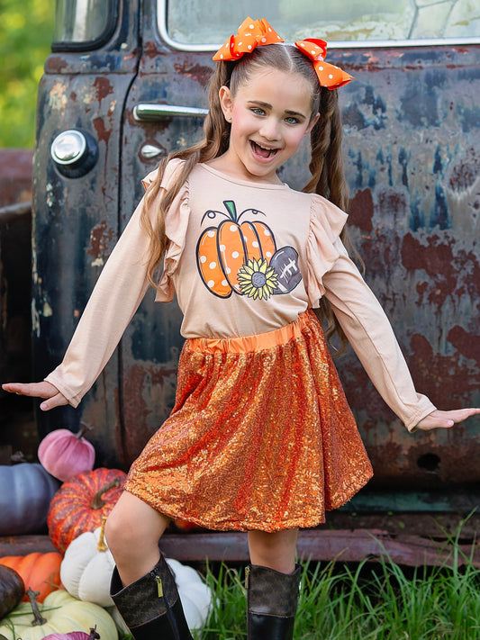 Football Pumpkin Sequin Skirt Set on a model