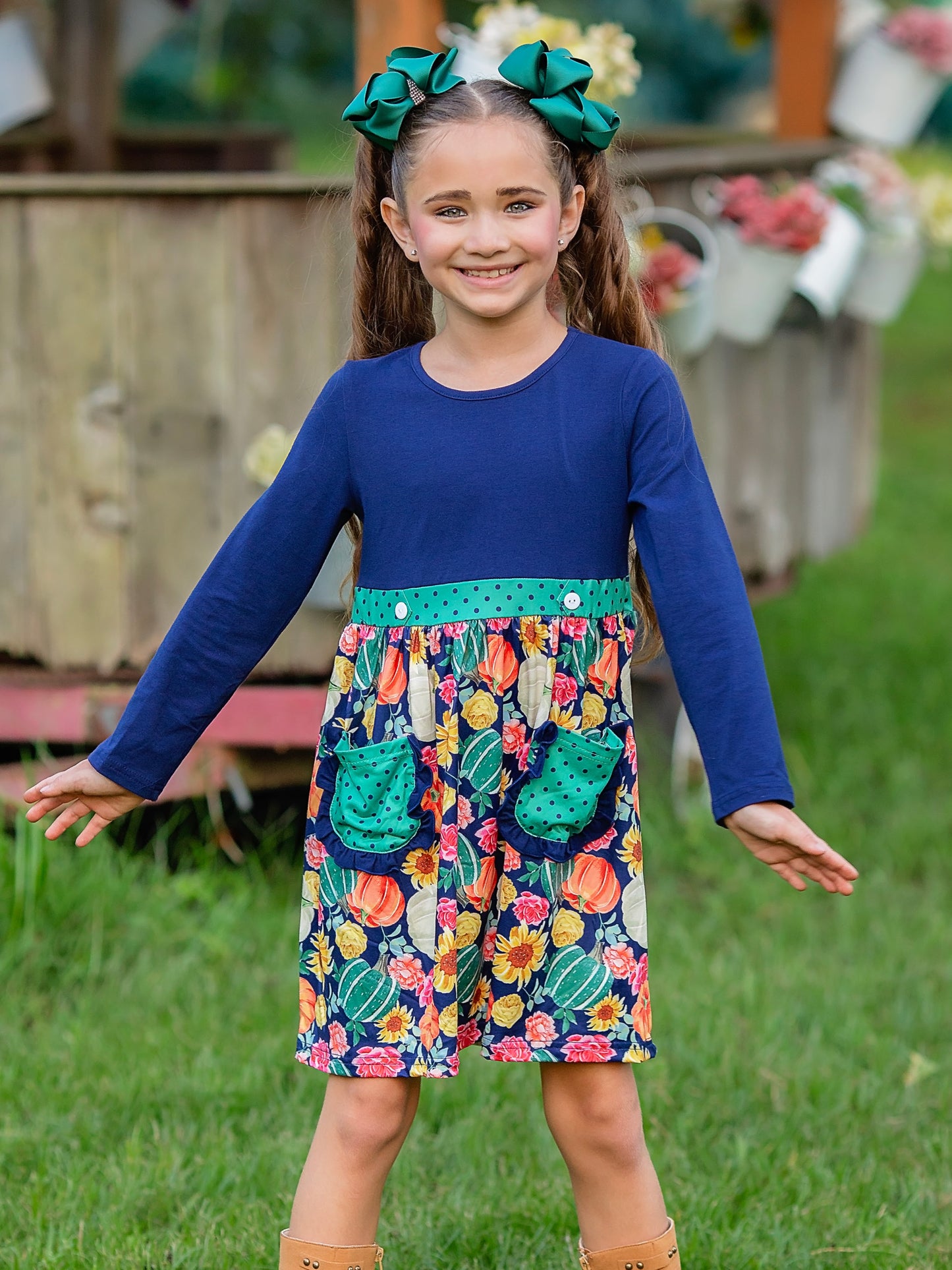 blue Polka-Dot Pumpkin Patch Dress on a model