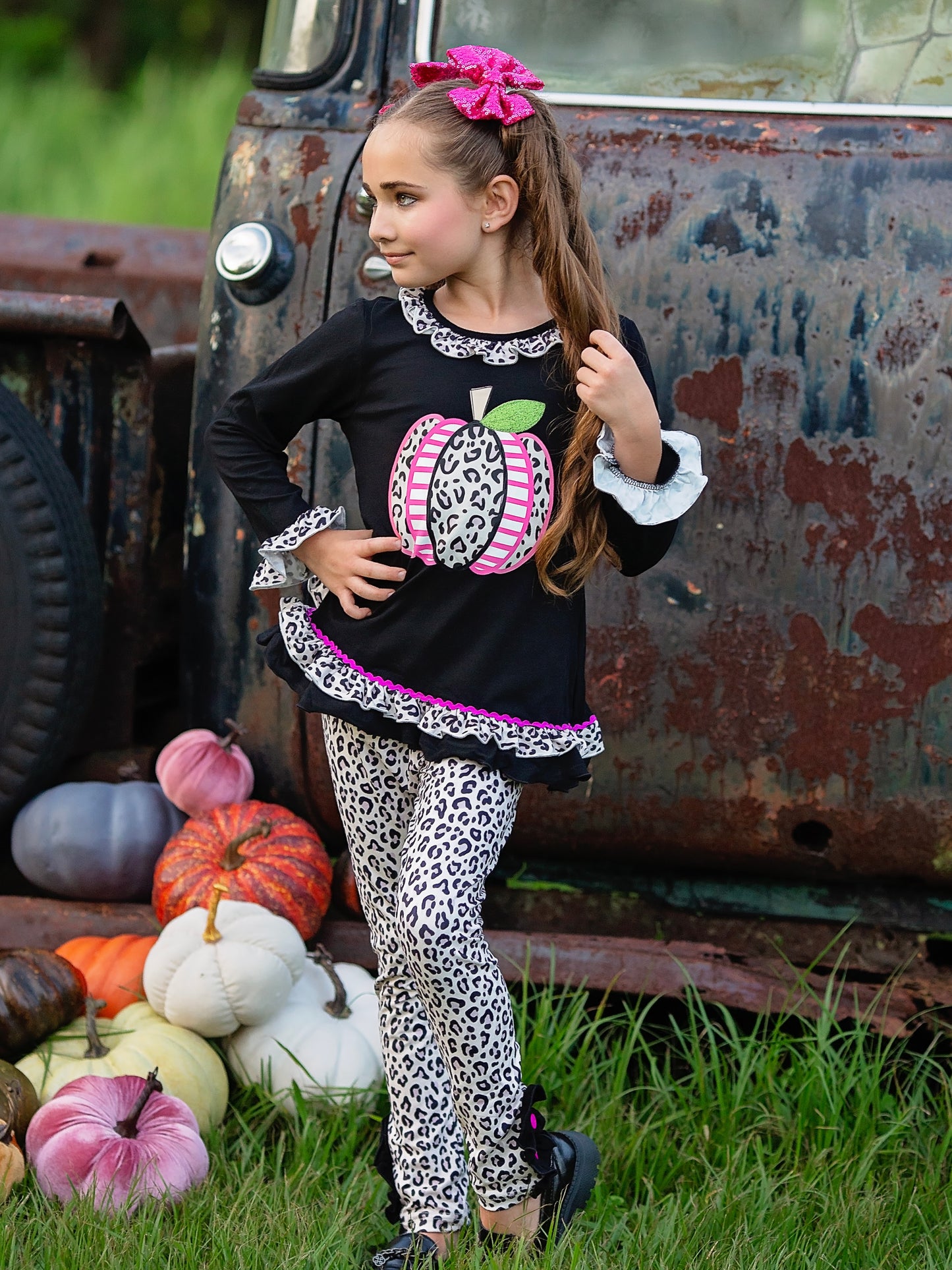 Cheetah Print Pink Pumpkin Pants Set on a model