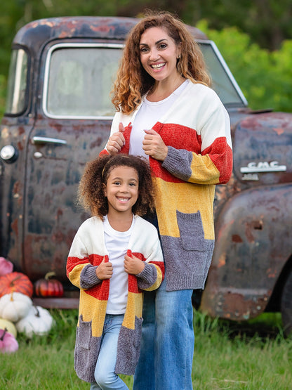 candy corn striped cardigans shown on mommy & me models