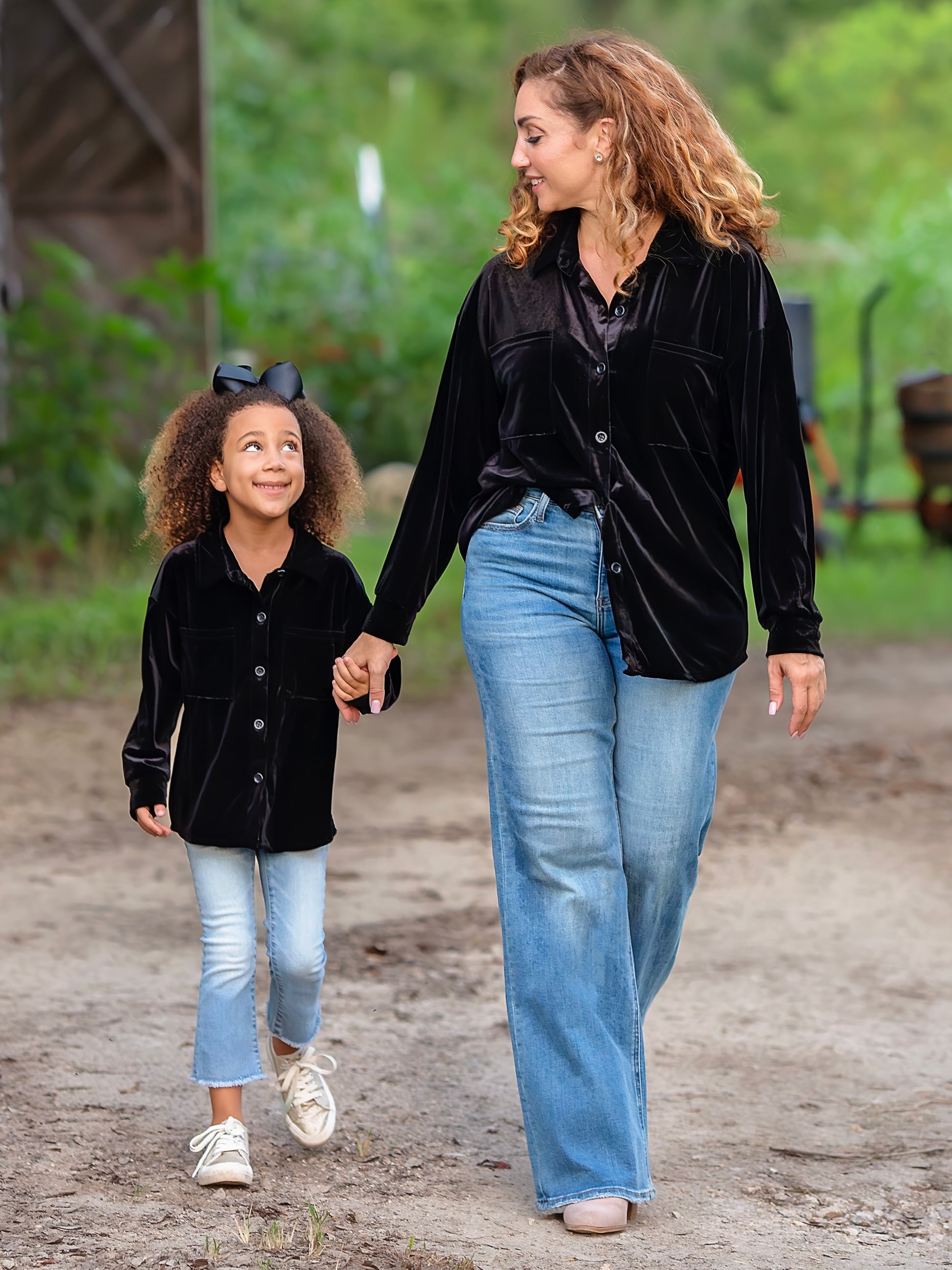 mom & me black velvet tops on models