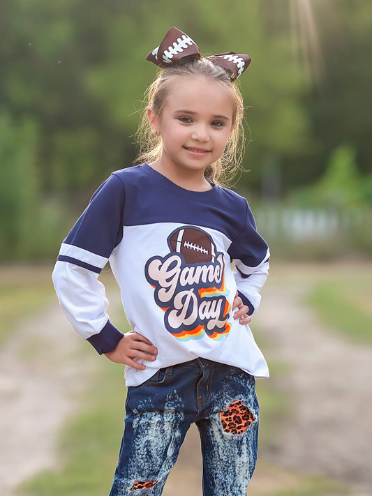 "game day" retro football long sleeve on a model