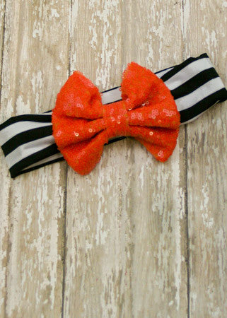 Halloween Orange Sequin Bow with Black & White Striped Headband