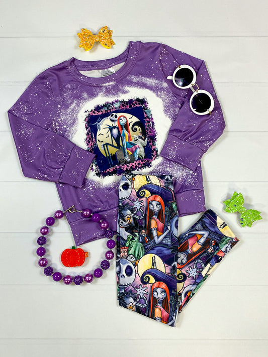 Jack and Sally purple bleach spotted long-sleeve shirt paired with Jack and Sally movie collection pattern leggings set.