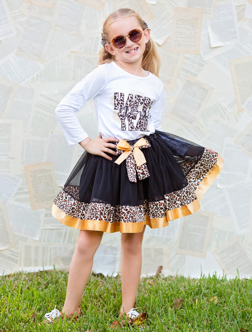 MODEL PIC: Animal print Happy New Year long sleeve shirt & super fluffy black, gold, & animal print tulle skirt. 