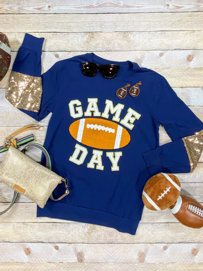 mommy & me navy game day sequin sparkly football sweatshirt