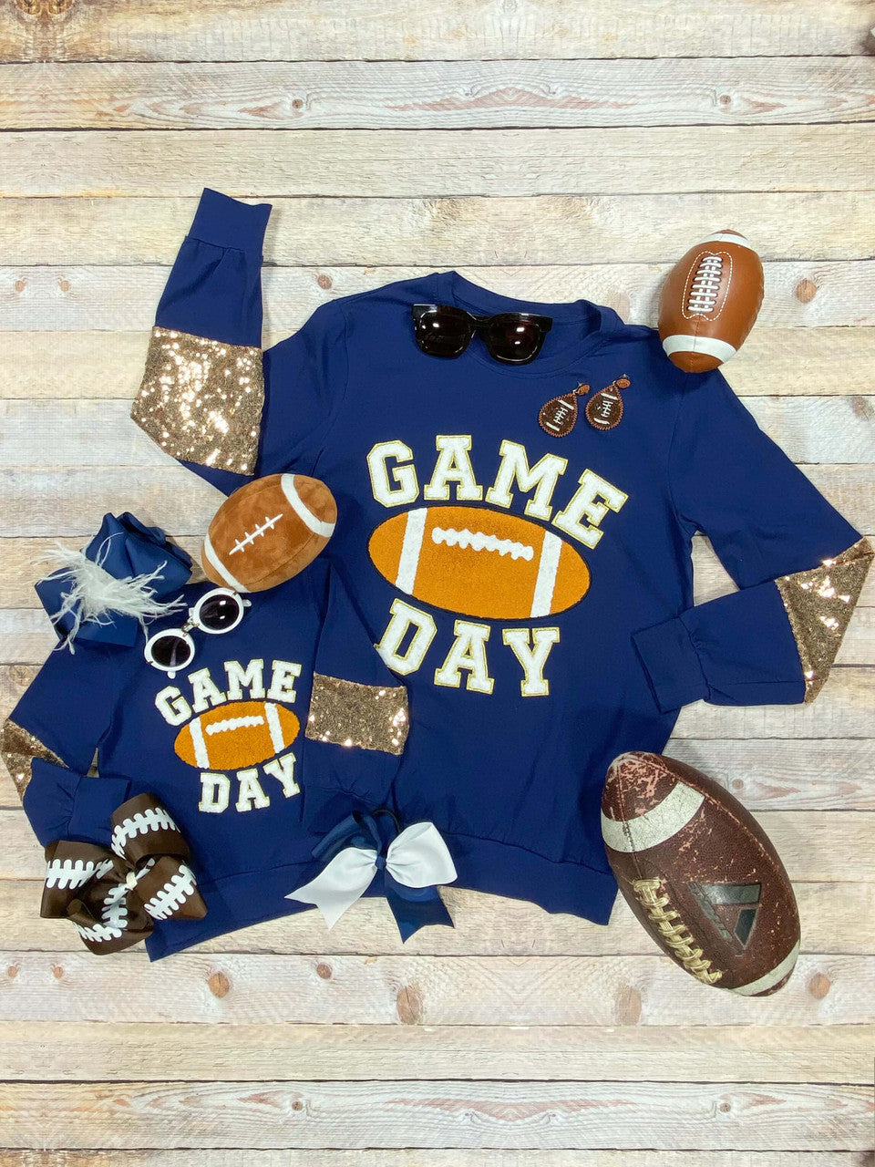 navy game day sequin sparkly football sweatshirt - moms