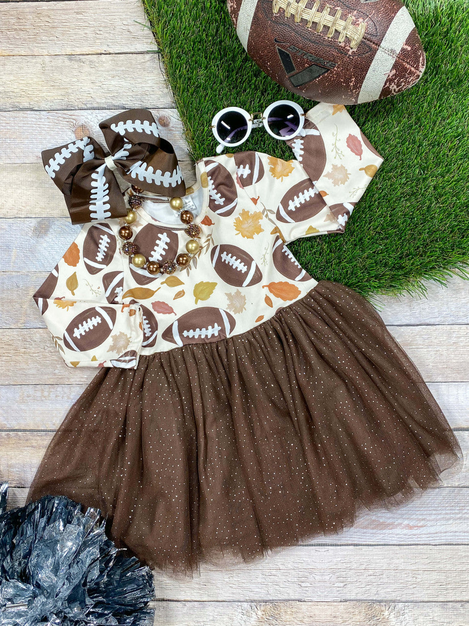 Long sleeve brown tutu dress with footballs and leaves