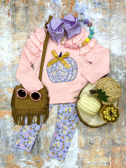 Lavender floral print pumpkin applique top and pants