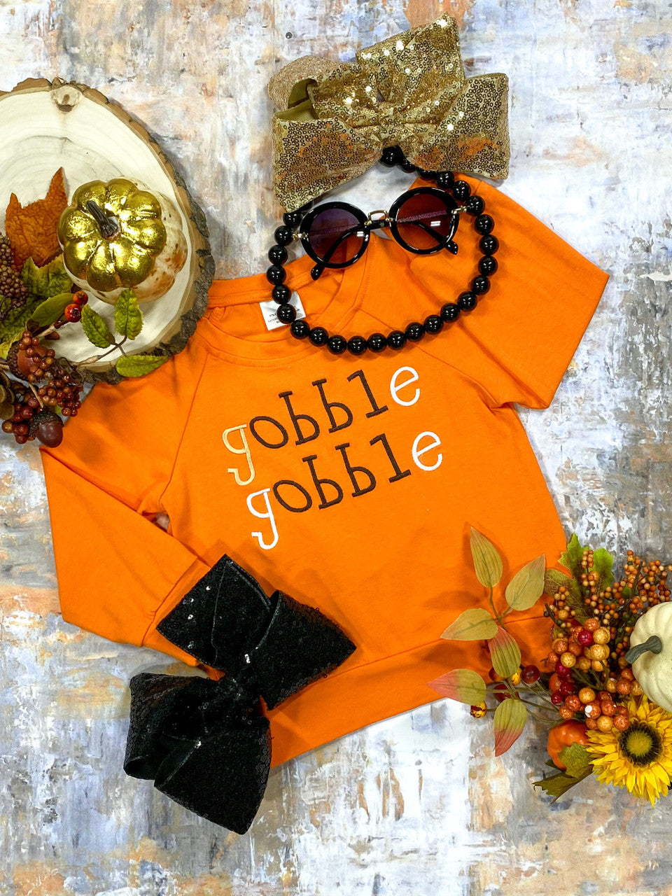 Orange long sleeve shirt with gobble gobble embroidery