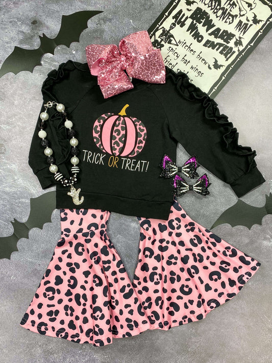 Trick or Treat black ruffled sleeve top with pink animal print bell bottom pants