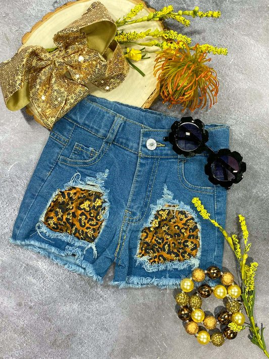 Jean Shorts With Glitter Cheetah Print Pattern