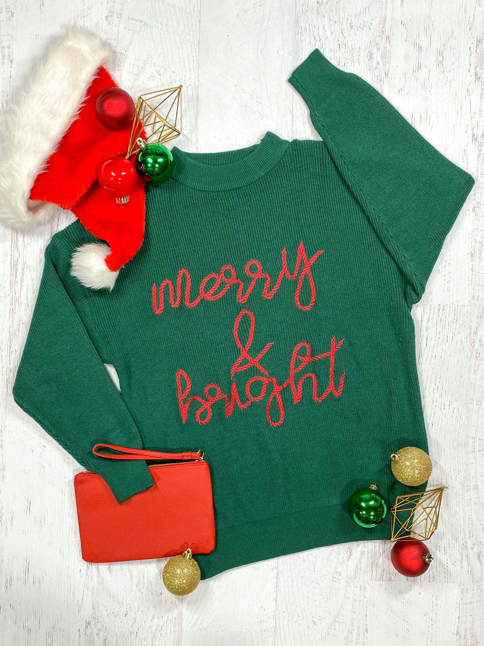 Mommy & Me green sweater with Merry & Bright in red - Womens