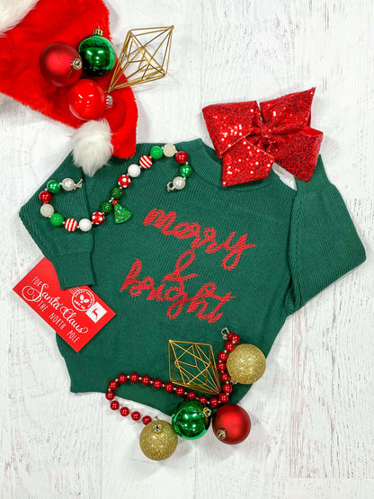 Mommy & Me green sweater with Merry & Bright in red - Girls