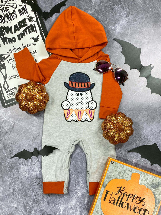 Boo! ghost applique long sleeve hooded romper