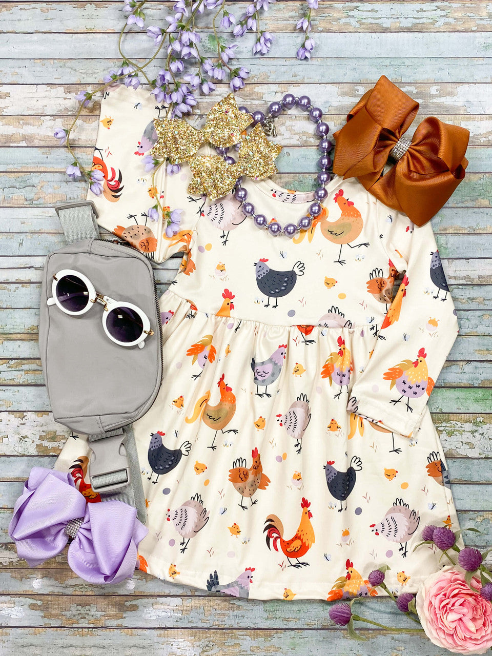 Hens & Roosters print long sleeve dress