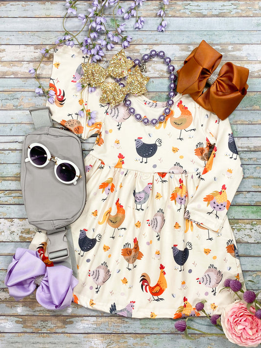 Hens & Roosters print long sleeve dress