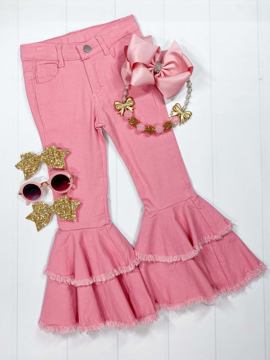Pink Frayed Double Bell Bottom Jeans
