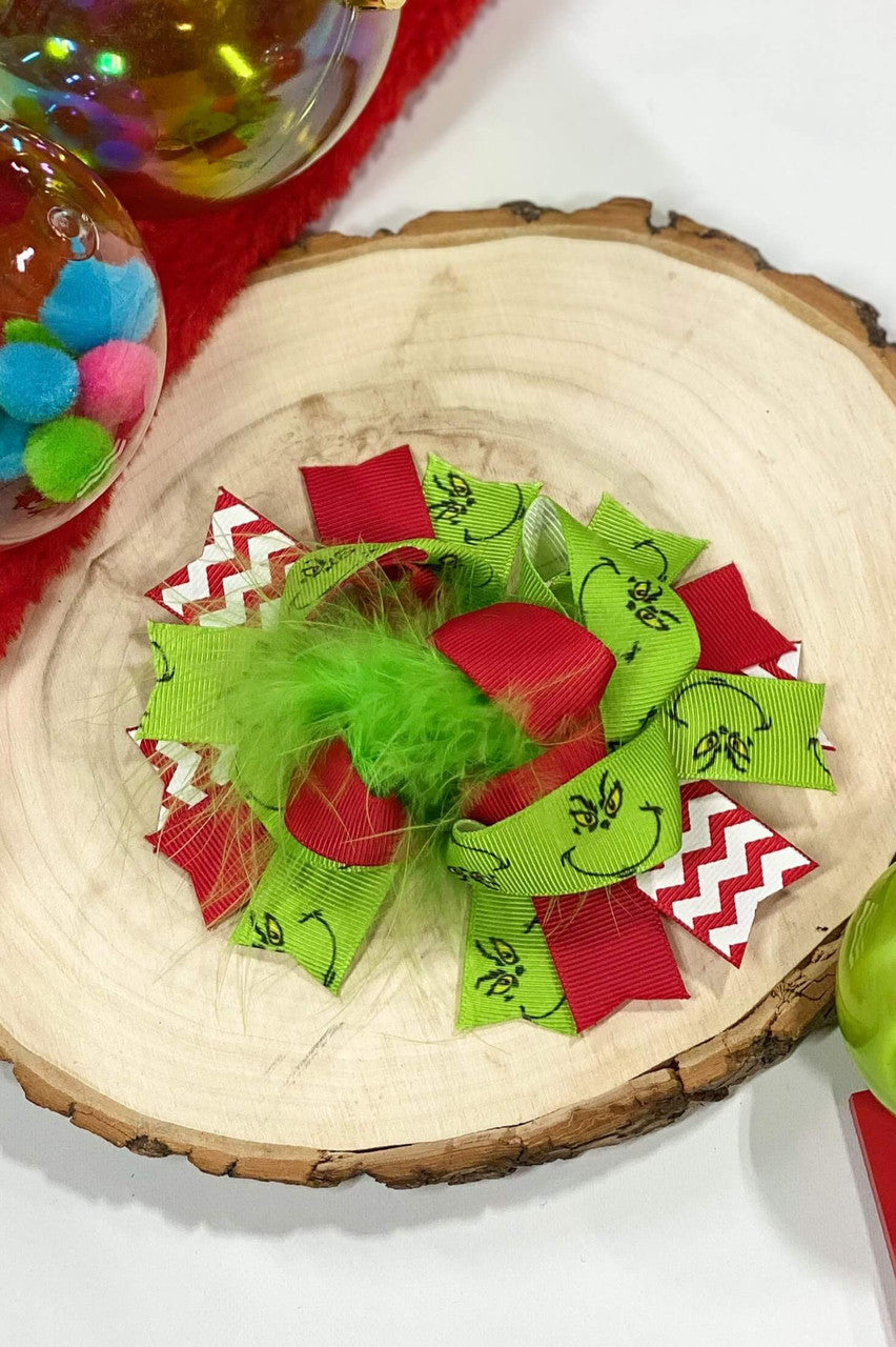 Grinch & chevron lime marabou loopy bow