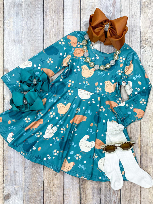 Teal long sleeve dress with chickens