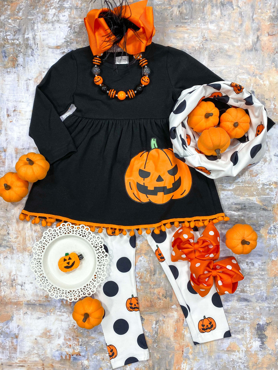 Jack-o-lantern and dots 3 piece set; black long sleeve jack-o-lantern top with printed leggings & matching scarf.