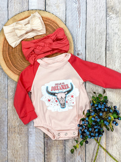 Cream & Red Romper With Dream On Dreamer Print.