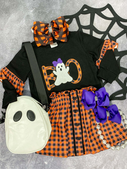 Boo long sleeve top with orange and black plaid skirt