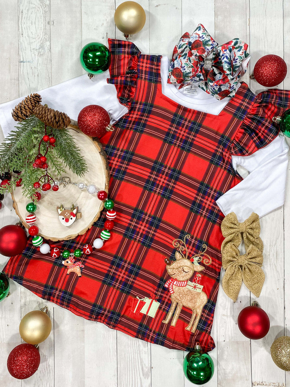 Holiday plaid dress and white top with sweet reindeer applique.