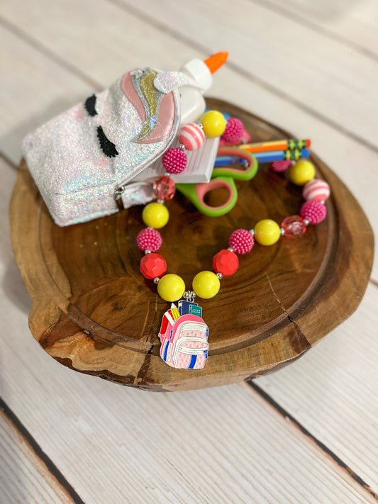 pink and yellow beaded backpack necklace