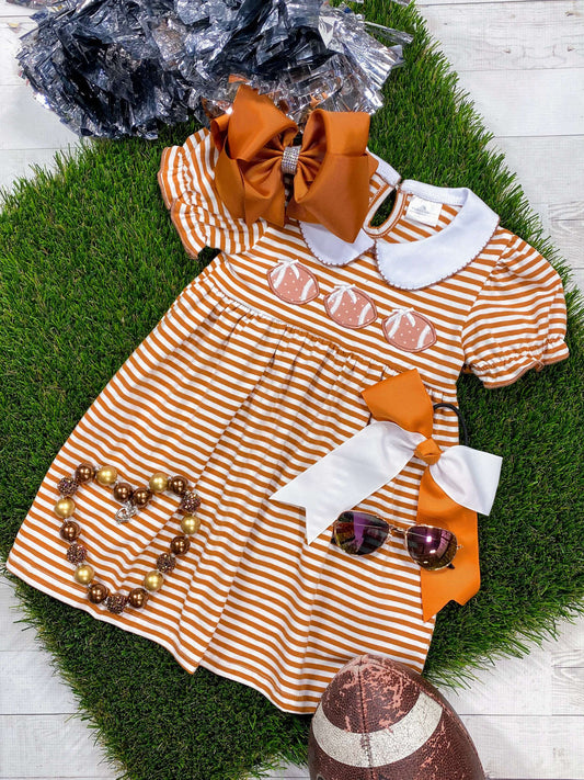 Burnt orange striped football dress with peter pan collar