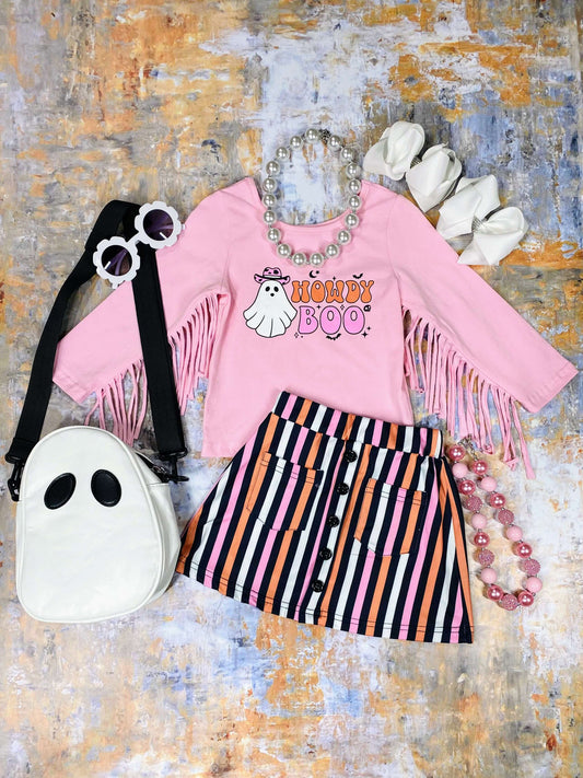 pink long sleeved Howdy Boo striped skirt set 