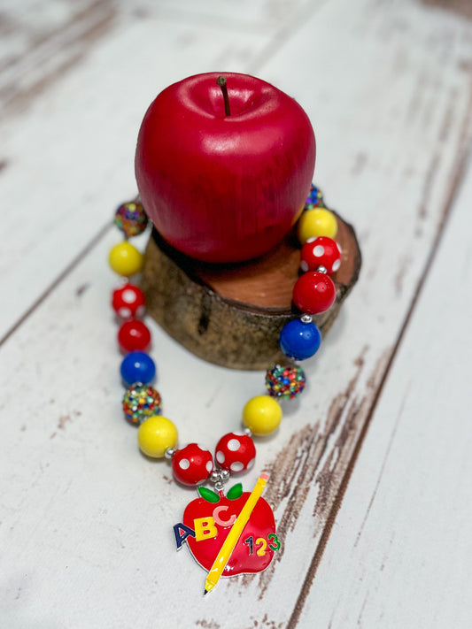 Multicolor chunky bead necklace with apple pendant for Back to School.
