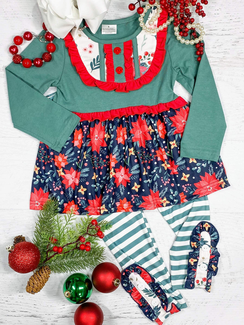 green layered and ruffled poinsettia tunic and striped leggings set  