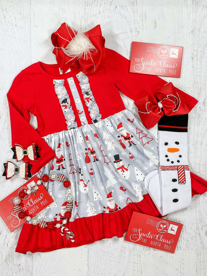 Red Dress With Ruffles, Snowmen, Santa Claus, and Christmas Trees