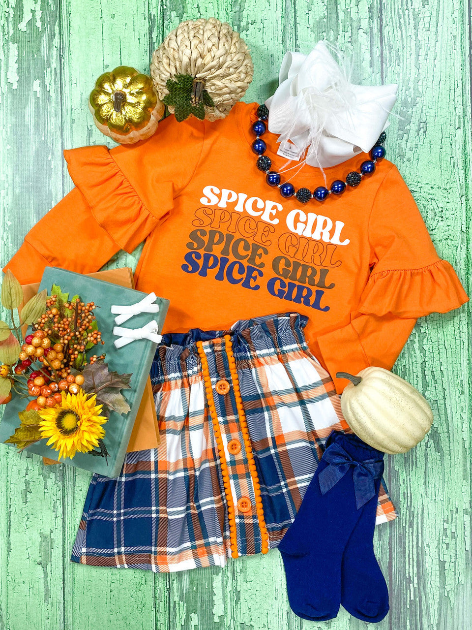 Orange "spice girl" screen print ruffled top with plaid skirt set.