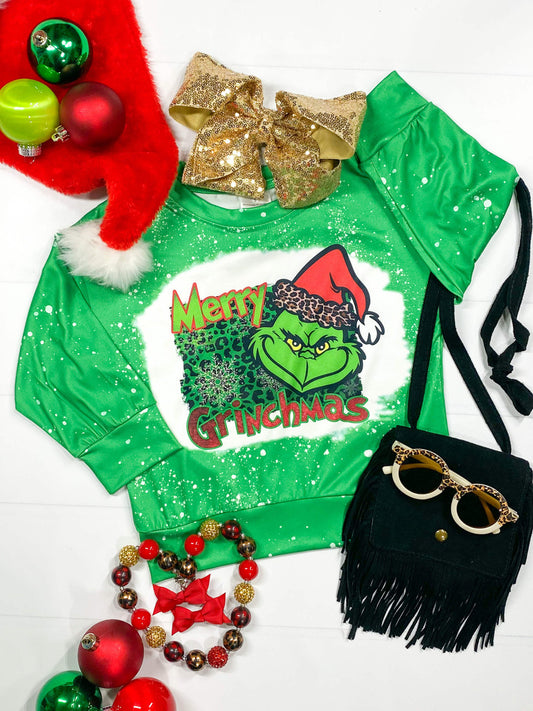 Long sleeve bleached top with Grinch design. Matching moms top available. 