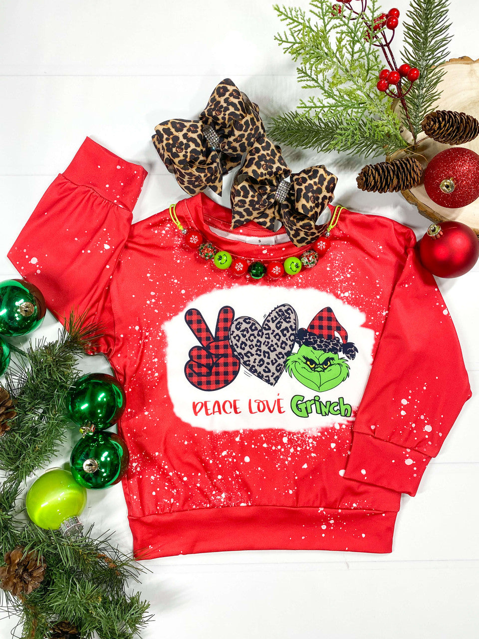 Long sleeve bleached top with Grinch design - Girls