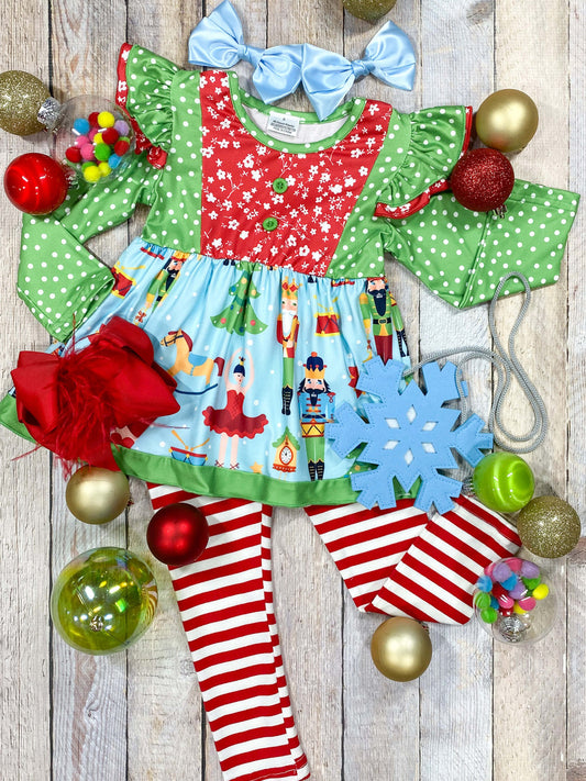 Polka dot whimsical nutcracker fabric tunic top with striped leggings