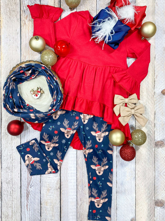 Red tunic with reindeer leggings and a matching scarf