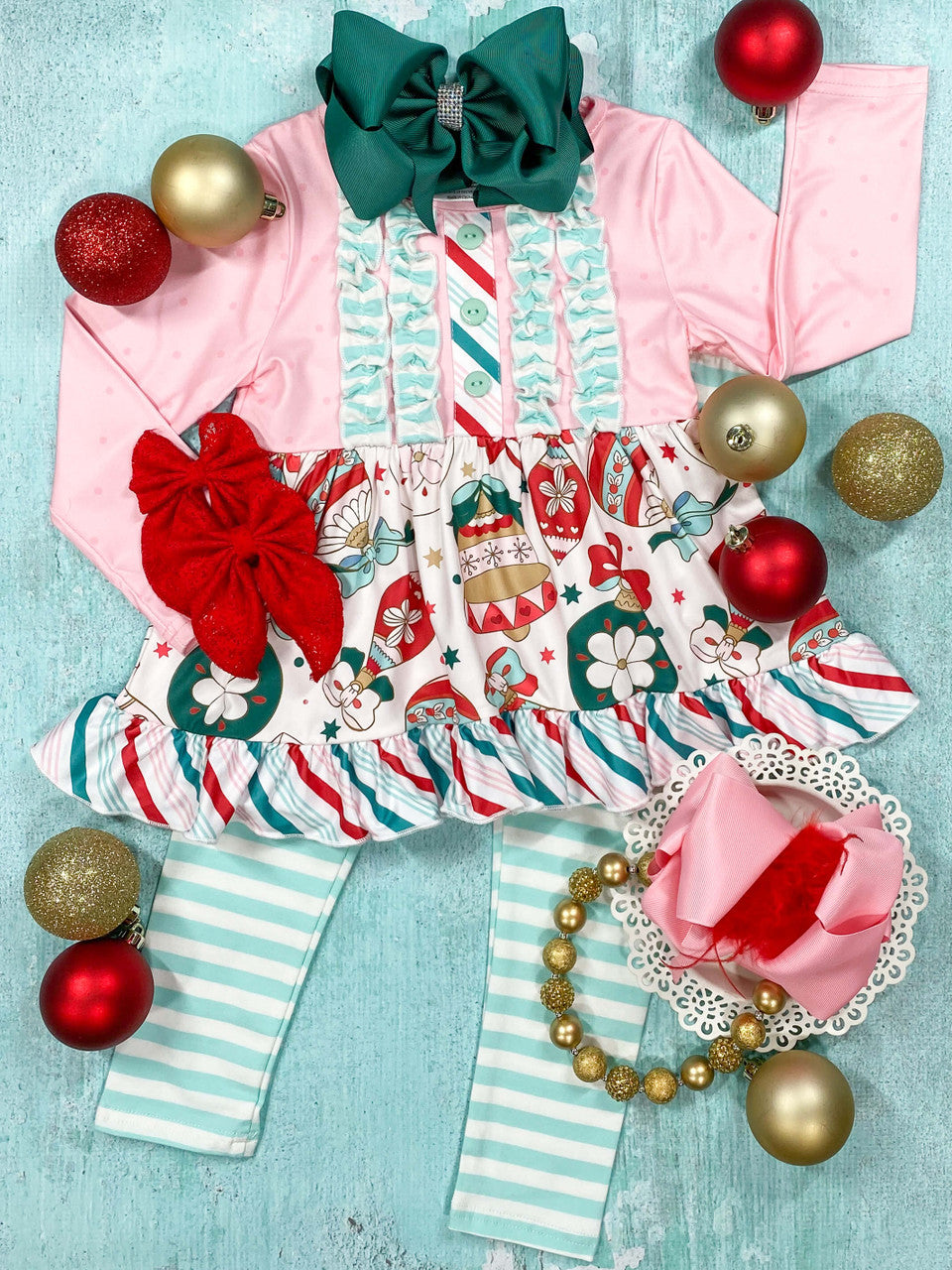 Festive ornament print tunic top with striped leggings