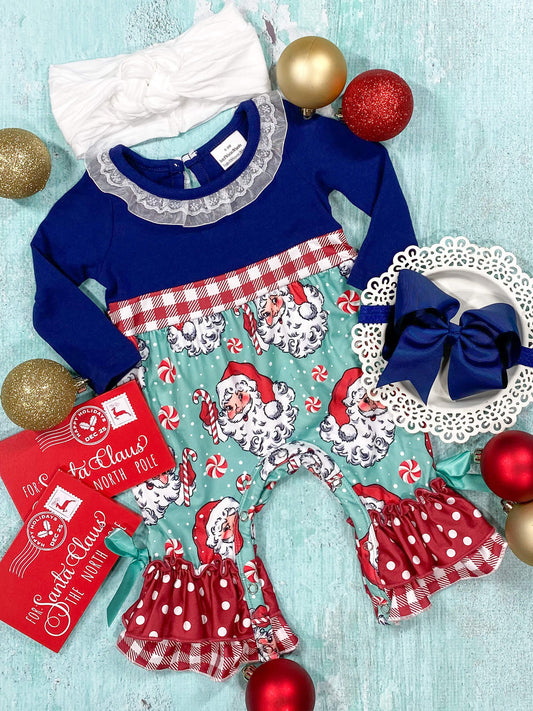 Vintage Santa print ruffled romper with snap closure.