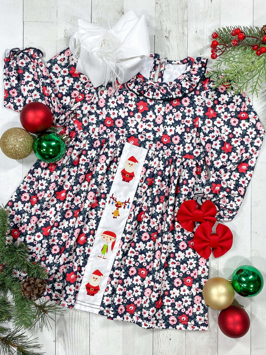 Floral print long sleeve dress with embroidered Santa & holiday friends