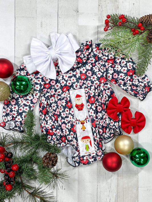 Floral print onesie with embroidered Santa & holiday friends 